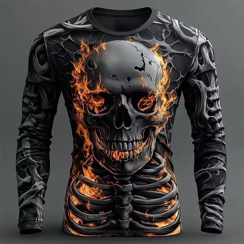 

Skeleton Casual Men s Long-sleeved Printed Fashionable Base Round Neck Top M чёрный