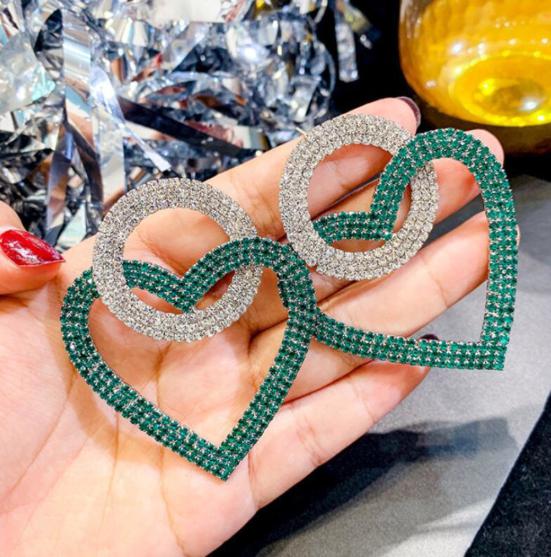 Women Rhinestone Inlaid Heart Round Dangle Ear Stud Earrings Party Jewelry Gift