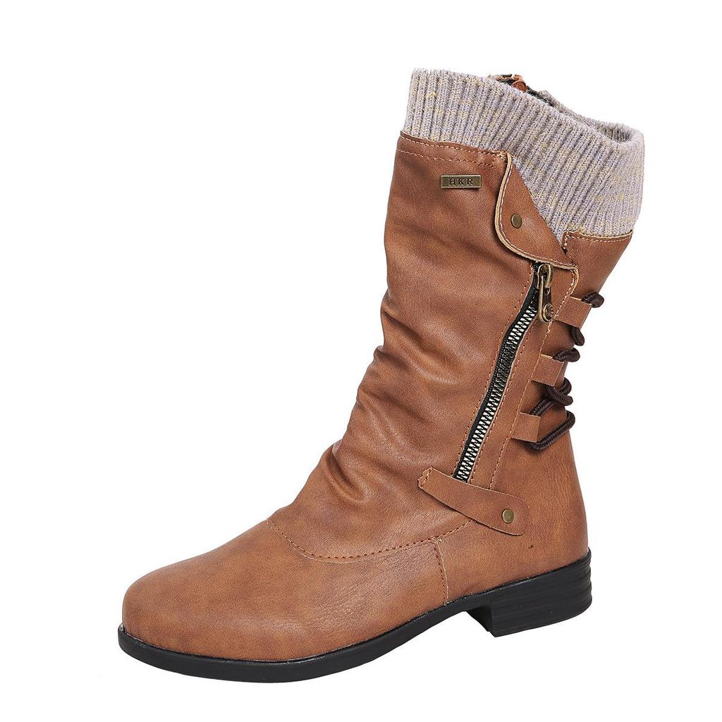 2021 Autumn/Winter Women's Plus Size Leather Boots, Round Toe with Wool Trim and Side Zip