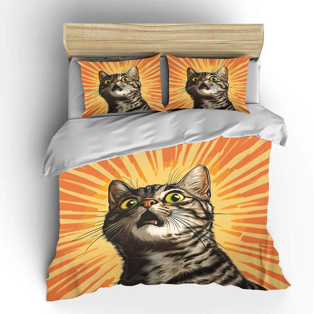 Surprised cat with radiant background Print Soft Comfortable Duvet Cover Bedding Set Included 1*Duvet Cover 2*Pillowcases