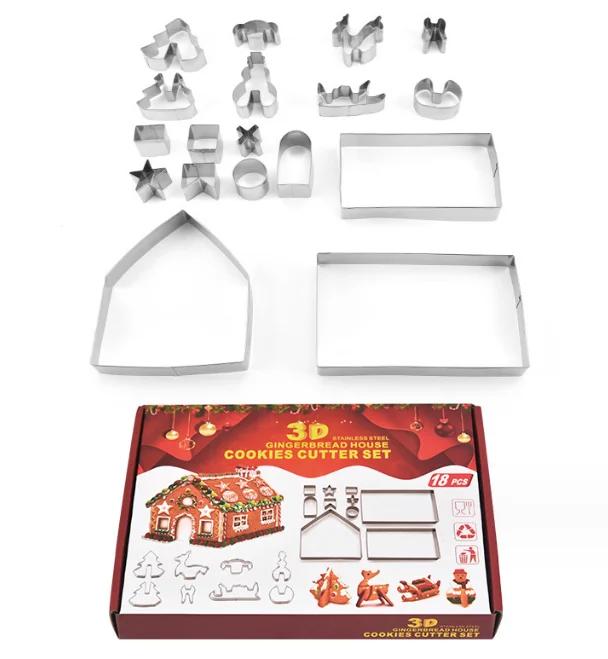 

18 шт./набор рождественских пряничных домиков из нержавеющей стали для резки печенья, аксессуары для выпечки на рождественскую вечеринку
