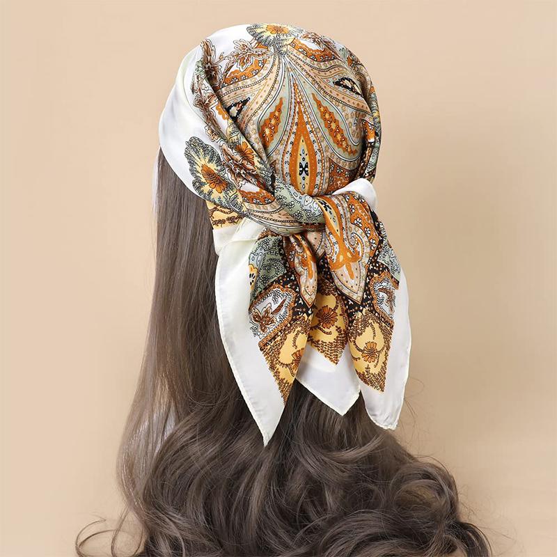 70cm Square Retro Print Silk Scarf Casual Elegant Thin Breathable Neck Women Hijab Wrap Head Wrap Hair Scarves