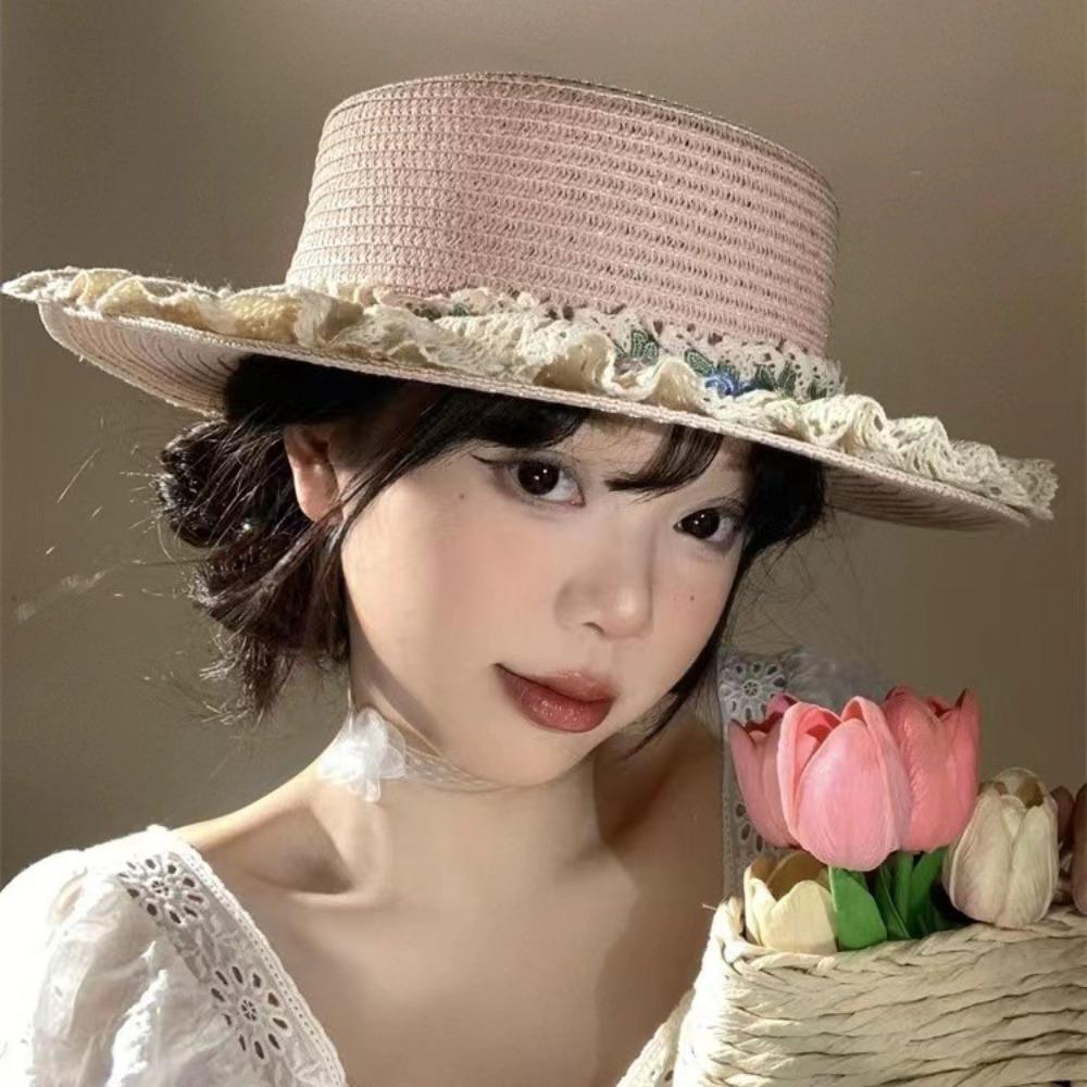 

Japanese Style Straw Woven Top Hat Flat Top Sunscreen Hat Elegant Lace Floral Brim Cap Beach хакі