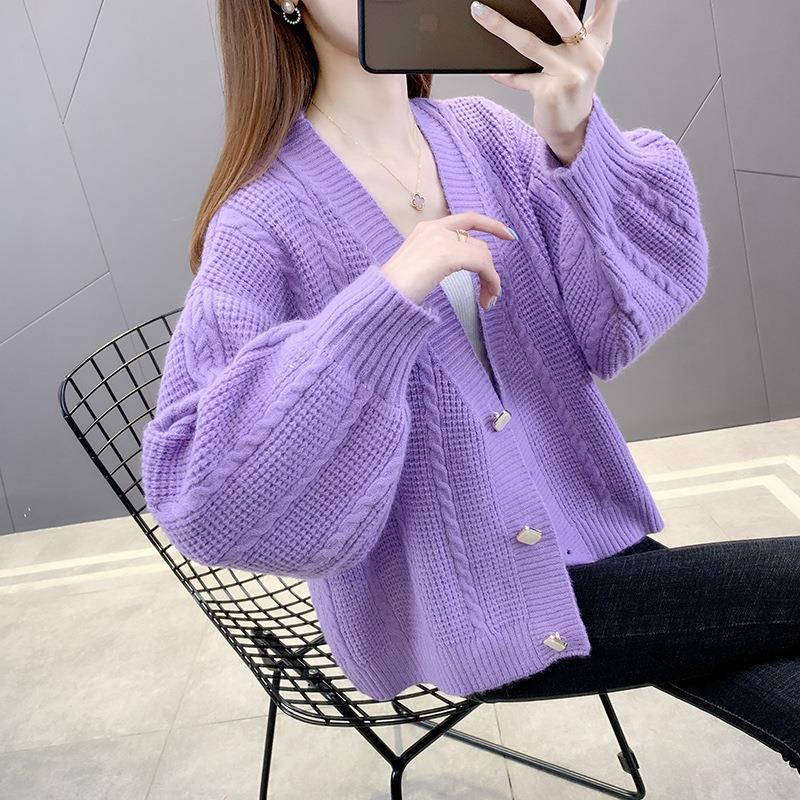 Lässige Pulloverjacke mit V-Ausschnitt, geknöpfter Twist-Strickjacke für Damen