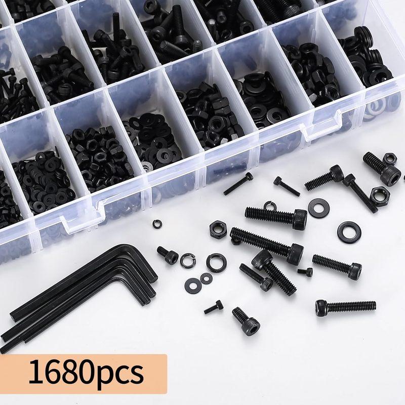 1680 Pcs M2 M3 M4 M5 Metric Hex Head Bolts Nuts Washers Set with Black Screws Assortment Kit