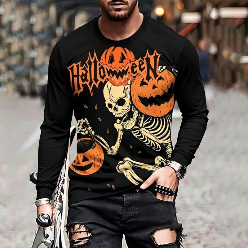 Men's Long Sleeve T-Shirt Halloween Scarecrow Skeleton Ghost Pumpkin 3D Print Crew Neck Casual Street Tops