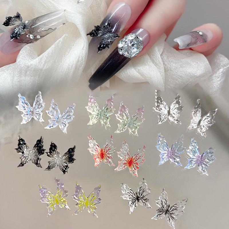 20Pcs Ice Through Temperature Softening Butterfly Nail Accessory 3D Gradient Color Butterfly Wearing Nail Resin Drill Decoration