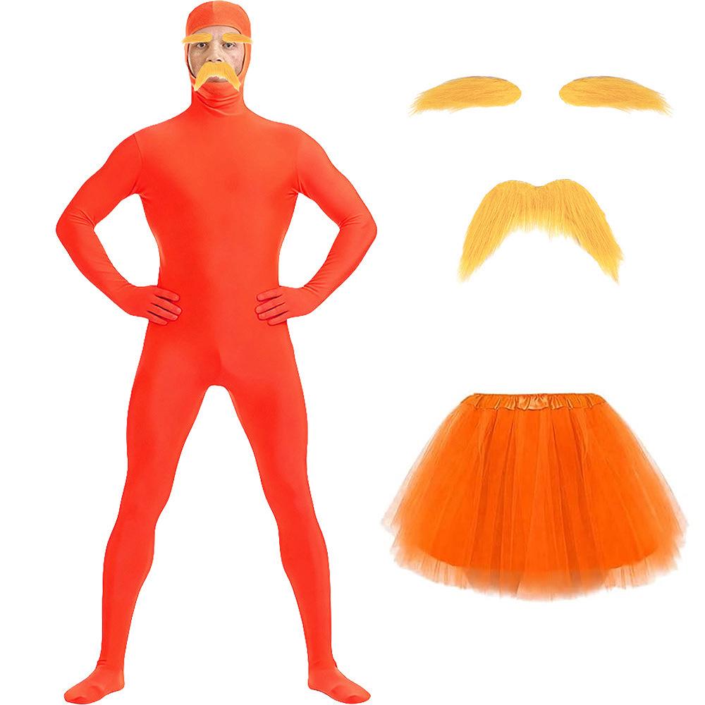 Halloween Vollabdeckung Alter Mann Kostüm mit langem Bart, großem Bauch und orangefarbenem Umhang für Cosplay und Rollenspiele.