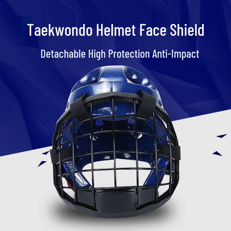 Karate Taekwondo Helmet with Iron Mesh Face Shield and Double Section Staff for Self-Defense