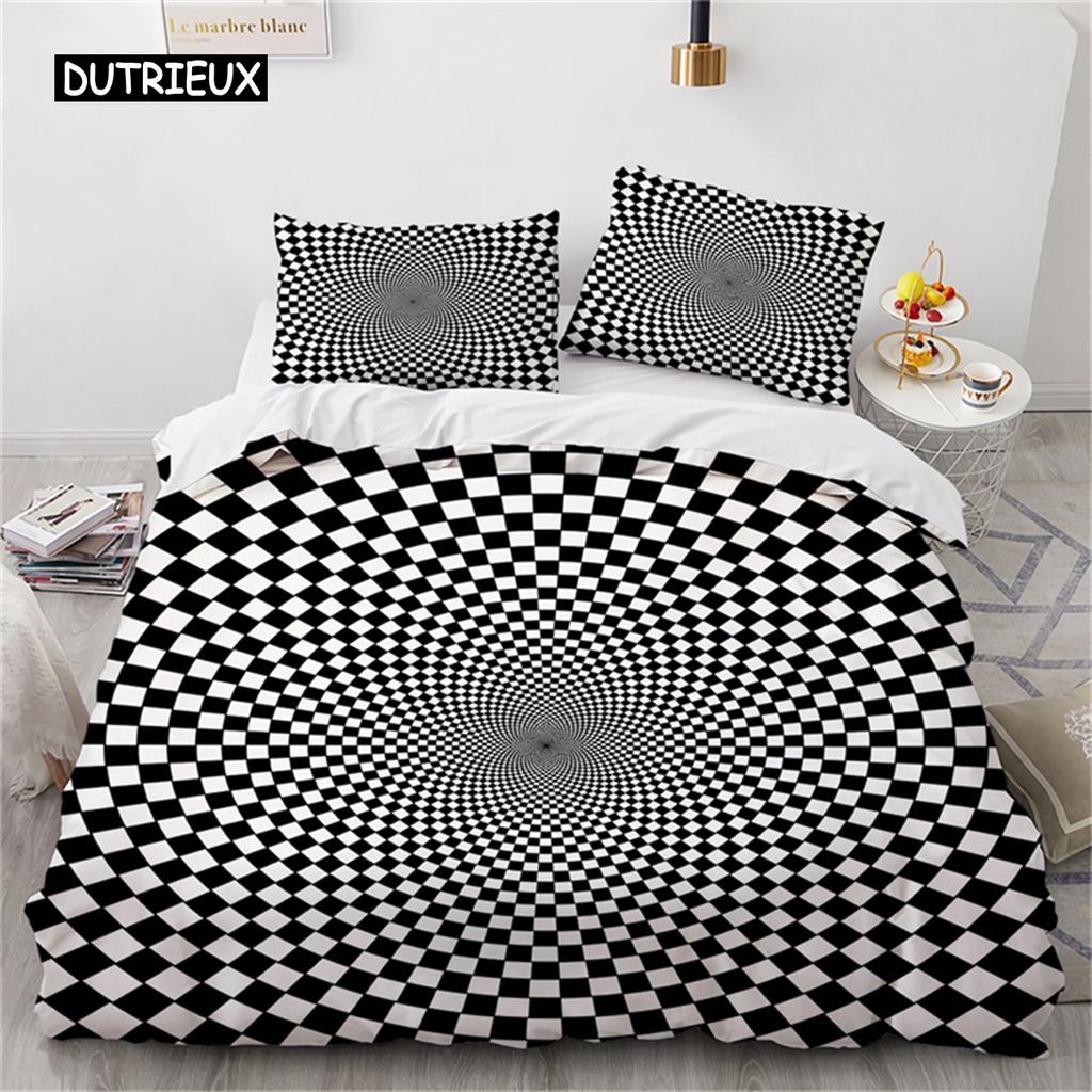 Duvet Cover Psychedelic Spiral Swirl Quilt Cover Abstract Art Black White Geometric Checkered Bedding Set for Bedroom Decoration