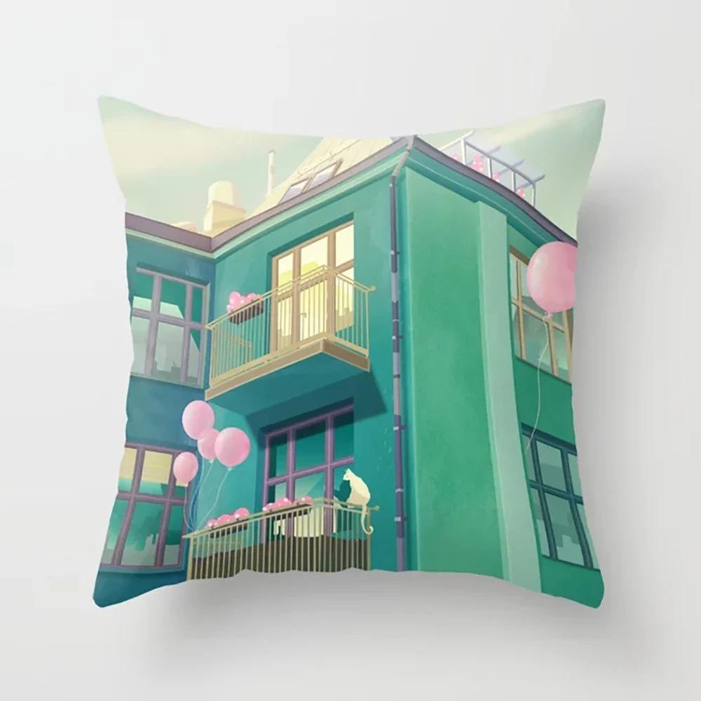 Pink Cartoon City Print Pillowcase Car Ornaments Office Living Room Home Pillowcase