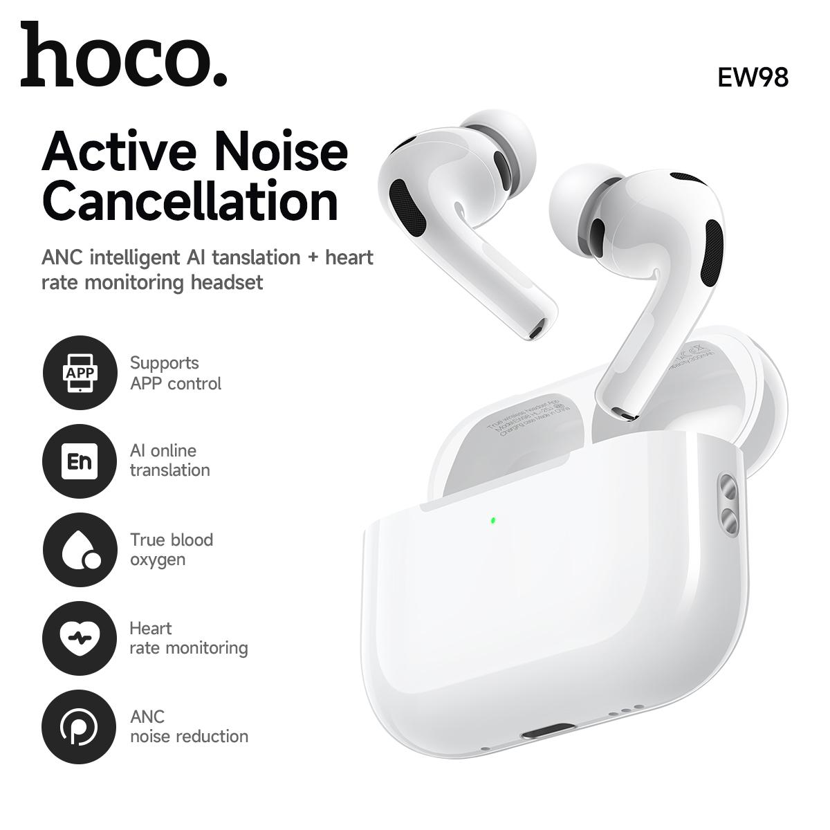 

hoco. Навушники EW98 ANC - Штучний переклад, Моніторинг серцевого ритму та Навушники з шумозаглушенням білий