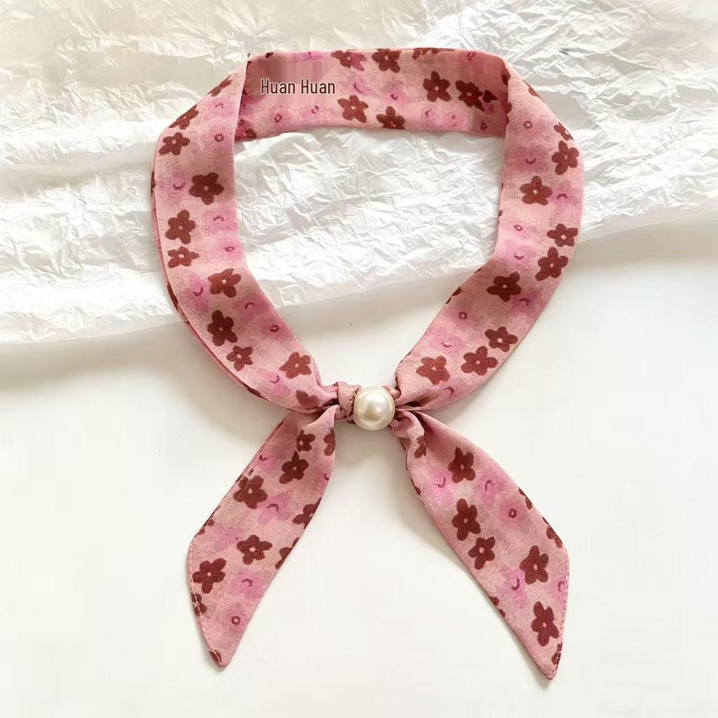 Elegant Spring Silk Scarf Necklace for Women - Versatile Gem Flower Ribbon Collar Accessory