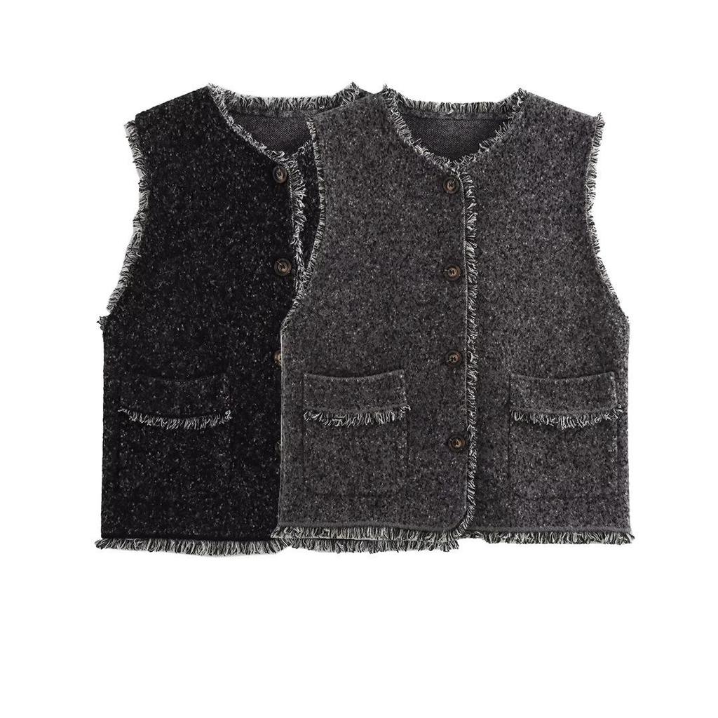 2025 Spring Women's Tassel Sesame Dot Knitted Vest - European & American Style, Single-Breasted with Pockets