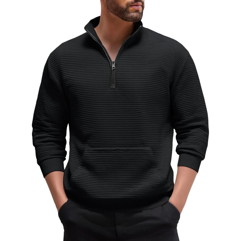 Men's Casual Sports Long-sleeved Thickened Sweatshirt, Men's Stand-up Collar Semi-zipper Striped Texture Top