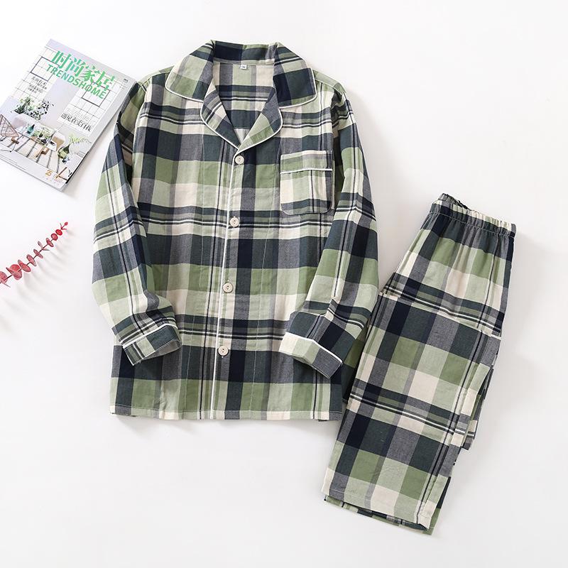 Spring and Autumn Men and Women Cotton Double Gauze Long Sleeve Trousers Suit Couple Summer Thin Pajamas Home Service Plus Size