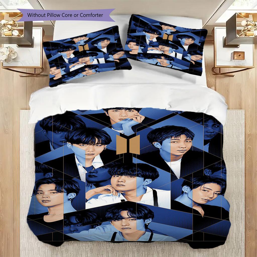 Bts Globale Musik-Sensation Dreiteiliges Set (1 Bettbezug + 2 Kissenbezüge, ohne Füllung) 2D flaches Weihnachts-Geburtstagsgeschenk Bettbezug und Kissenbezug