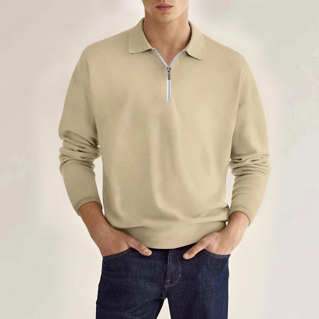 Fashion Men's Casual Polo Top Shirt Zip Solid Colour Men's Long Sleeve Sports Polo Shirt