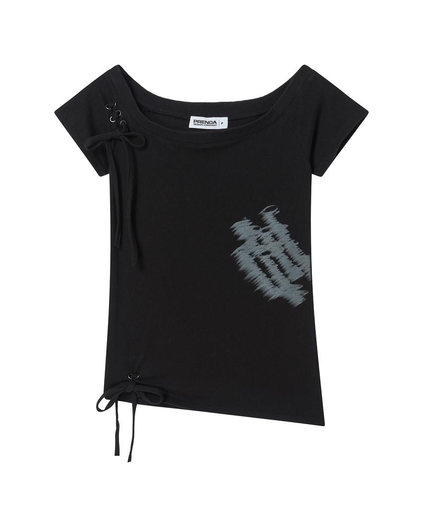 PRENDA Corset Detail One-Off-Shoulder Short Sleeve Black