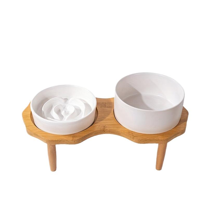 Keramická miska Bomei pro pomalé krmení psů - Proti dušení a proti rozlití, dvojitá miska pro mazlíčky s dřevěným stojánkem