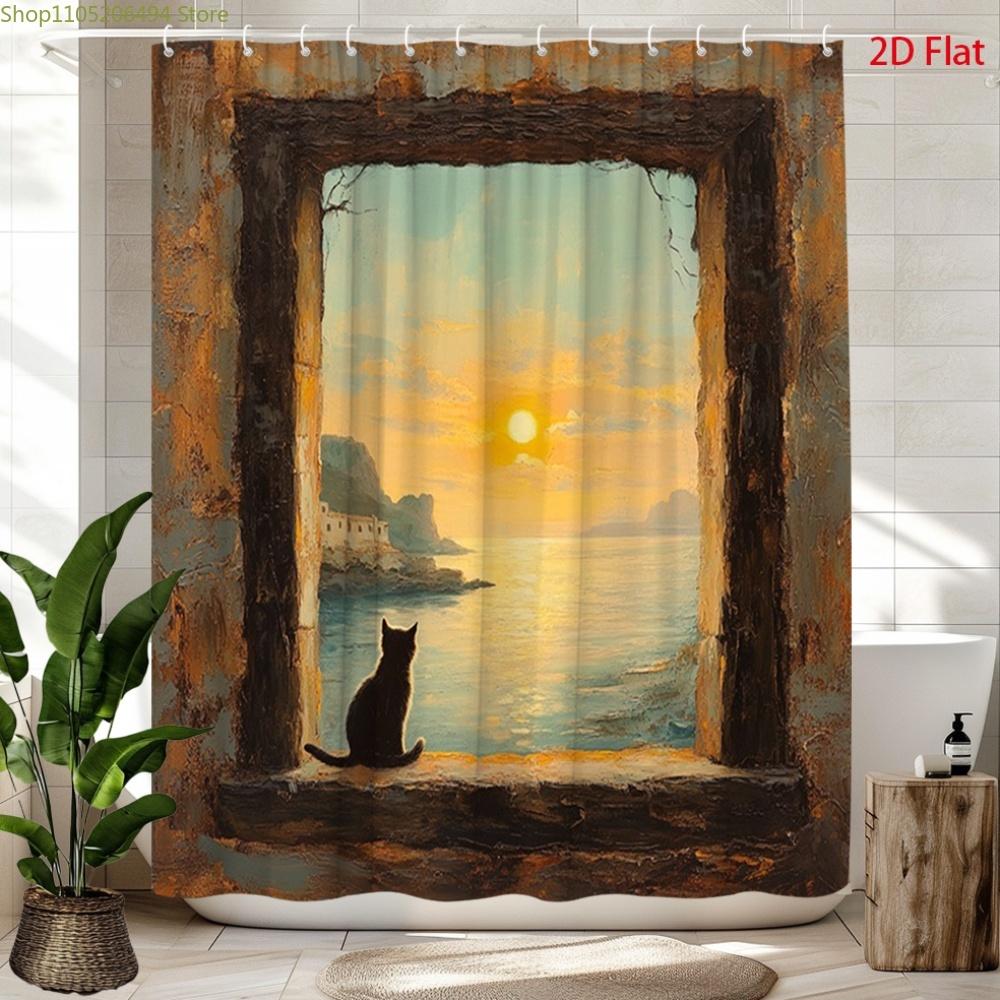 2D Flach, 2D Flach, 1 Stück 2D Flach Sonnenuntergang Katzenblick Duschvorhang | Polyestergewebe, Malerische Landschaft Heimdekoration, Inklusive 12 Haken
