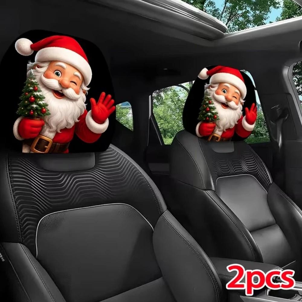2PCS Cartoon Santa Claus Car Headrest Cover Elastic Headrest Cover Christmas Decoration