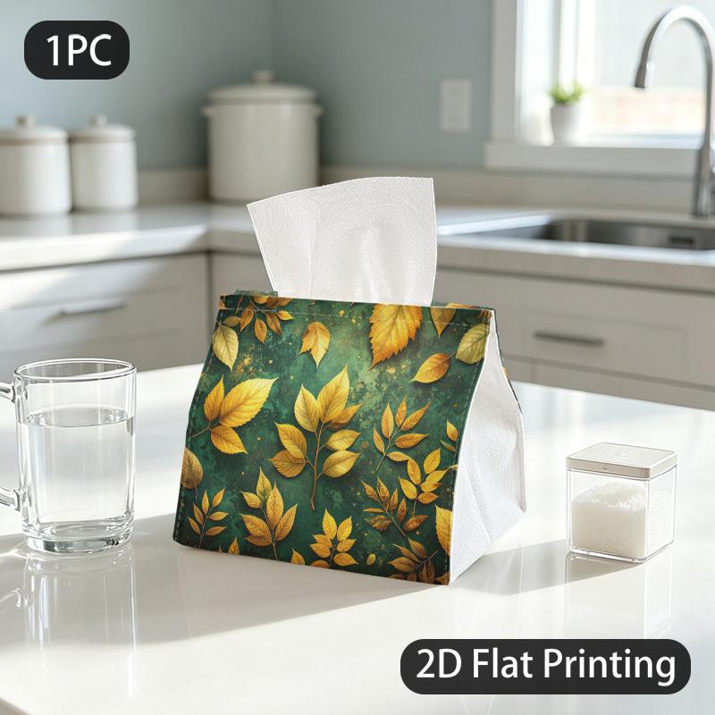 1pc Tissue Box, Luxurious Vintage Golden Autumn Leaves Warm Elegance Pattern, 2D Flat Printing, Keeps Dust Out, Built to Last, Tissue Holder, for Cafe