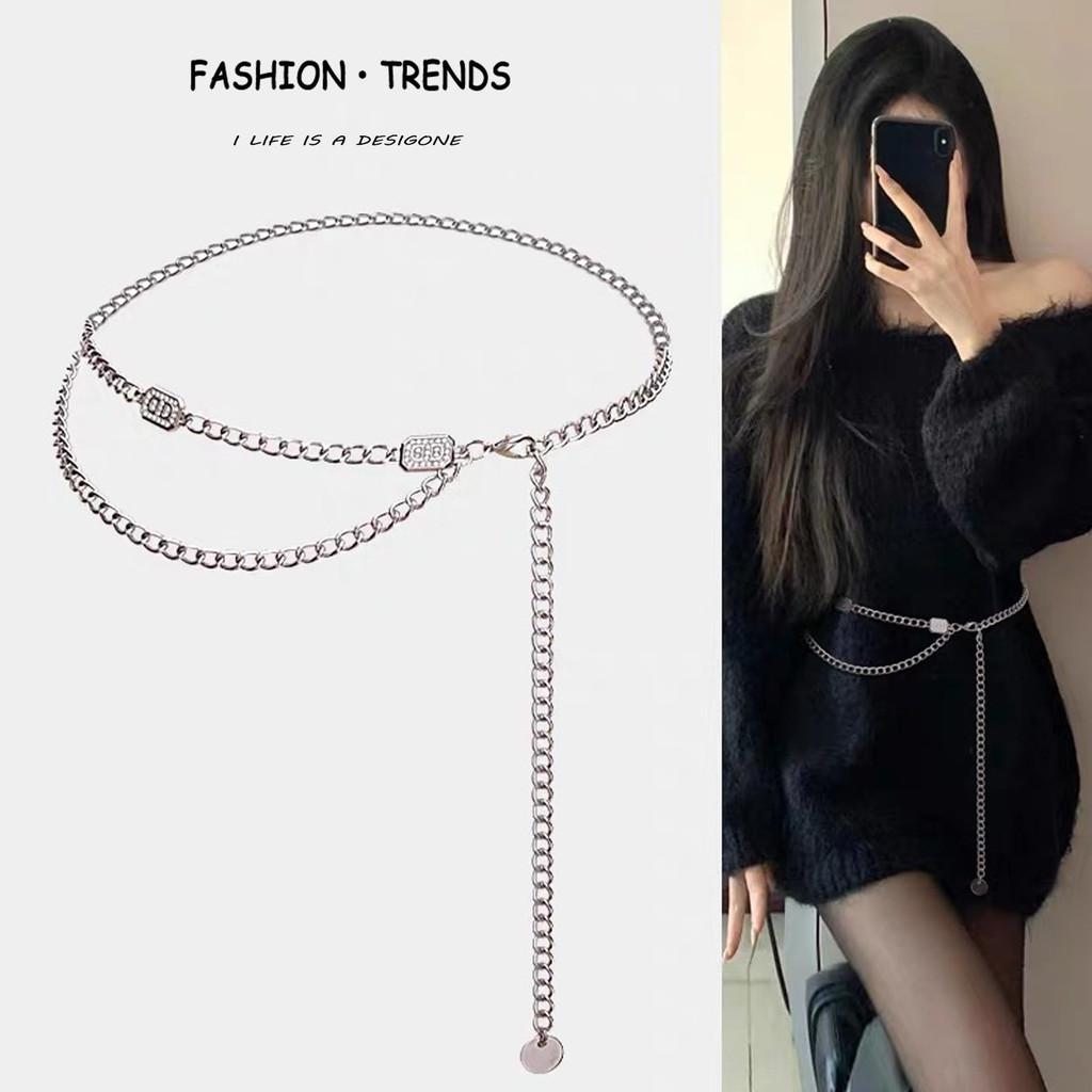 Small Fragrance Style Waist Chain Metal Silver Belt With Water Diamond Embellishments For Women