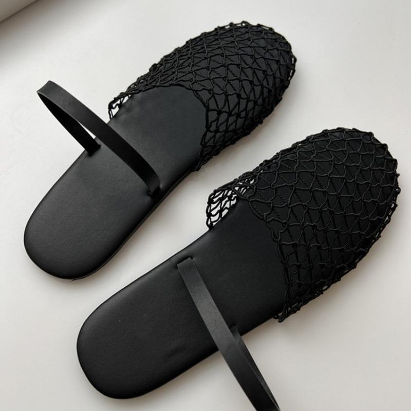 

Summer new retro mesh woven hollow flat-bottomed bag head slippers round head outer sandals women 35 чёрный