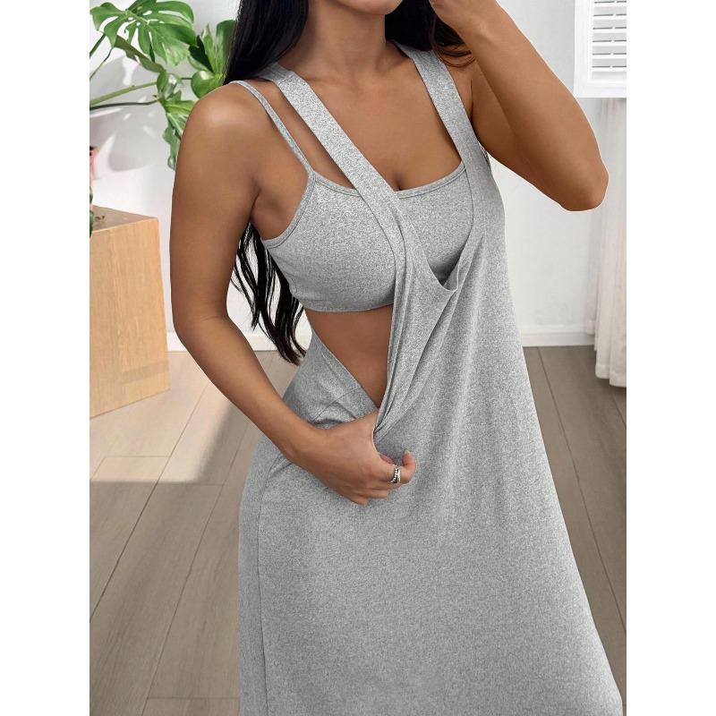 QICED Abiti casual con colletto quadrato senza maniche con stampa tinta unita primavera estate moda donna