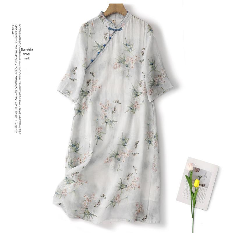 Retro Ethnic Style Printed Qipao with Stand Collar & Frog Button - Women s Loose Casual Three-Quarter Sleeve Dress for Spring/Summer. M