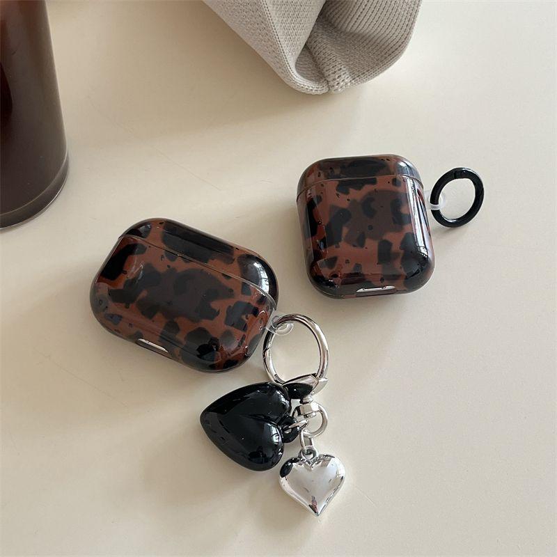 

Коричневый чехол для беспроводных наушников Airpodspro2 поколения с леопардовым принтом 1/2 поколения Сердце Классный 3 поколение Ударопрочный бокс 5 поколение Женский AirPods 4 Amber + Black Ring