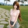 Sweet Spice Girl Pink Button Peach Heart Neck Shoulder Short Sleeve T-Shirt Women's Summer New Slim Slim Skinny Top