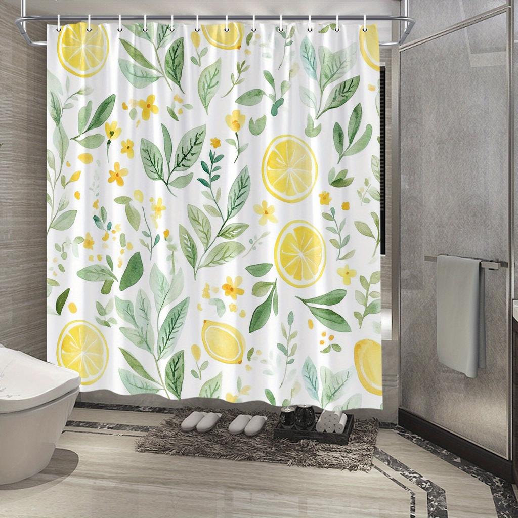 Lemon & Leaf Curtain - Watercolor, 70In, Water-Resistant Polyester, 12 Hooks, White Background, Botanical Design
