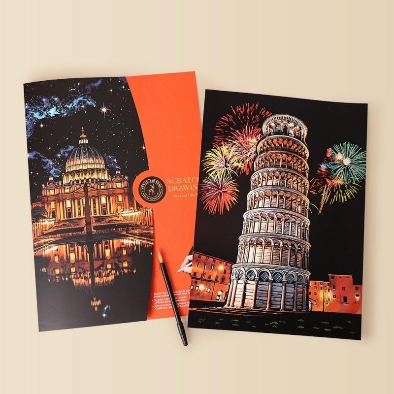 DIY 4PCS/Set A3 Colorful City Night Scenery Landscape Laser Scratch Painting With Tool Landmark Scratch Art Room Decor Gift