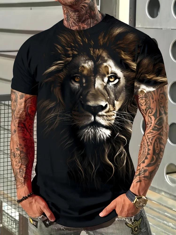 Sommer Tägliches Lässiges Herren Kurzarm Oberteil Neues Outdoor Sport Herren Locker T-Shirt Urban Street 3D Löwen Druck Herren T-Shirt