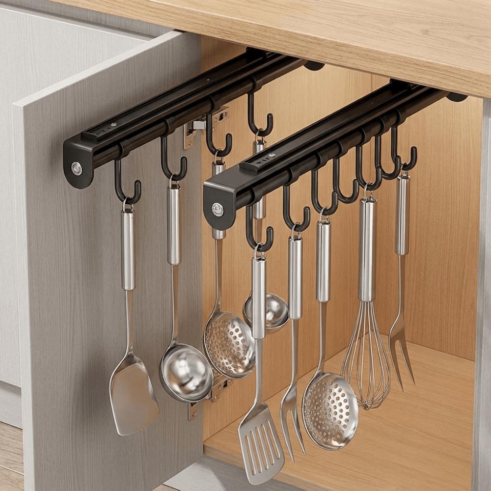 Wall Mounted Pull Out Utensil Hanging Rack Multi Hooks Sliding Rail Hooks Spatula Spoon