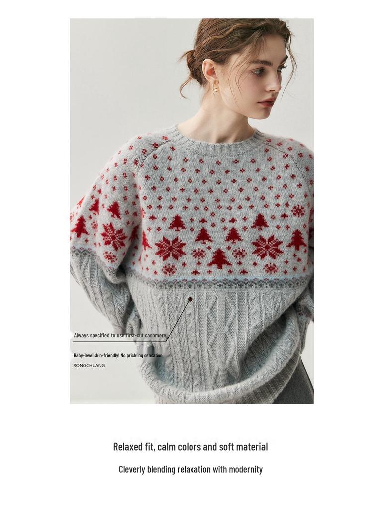 Women's Cashmere Snowflake Drop-Shoulder Sweater - Warm, Super Thick Crew Neck for Autumn/Winter