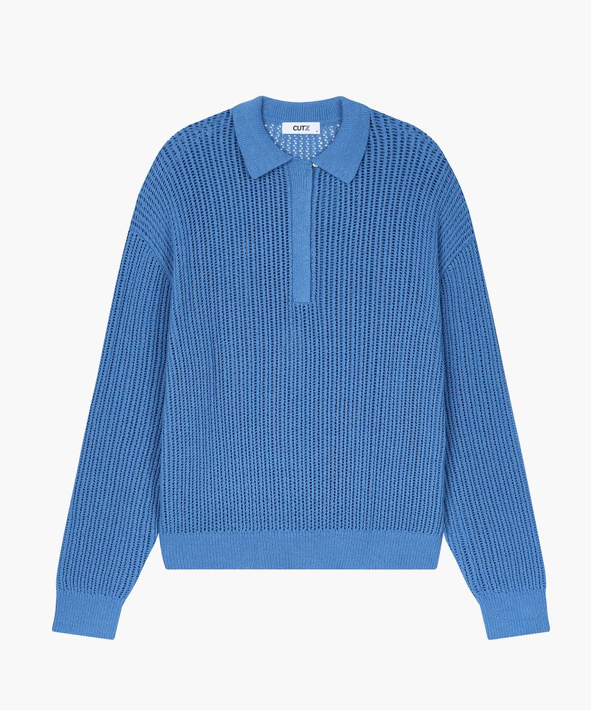 CUTZ Mesh Boucle Open Collar Pullover (Blue)