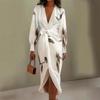 Women's Floral Print Satin Wrap Midi Dress Deep V Neck Long Sleeve Bodycon Dress Split Formal Evening Party Dress