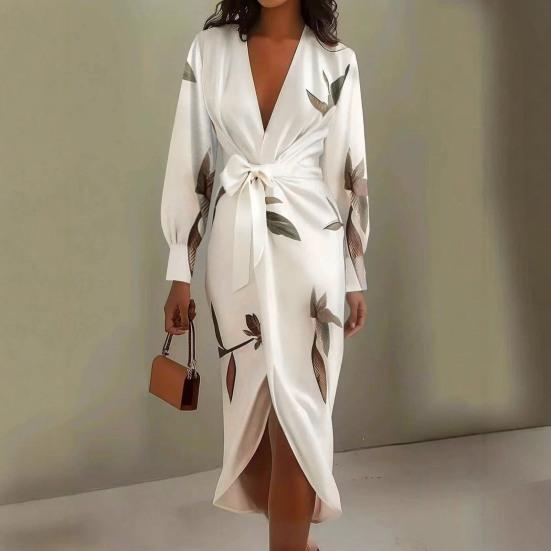 Women's Floral Print Satin Wrap Midi Dress Deep V Neck Long Sleeve Bodycon Dress Split Formal Evening Party Dress