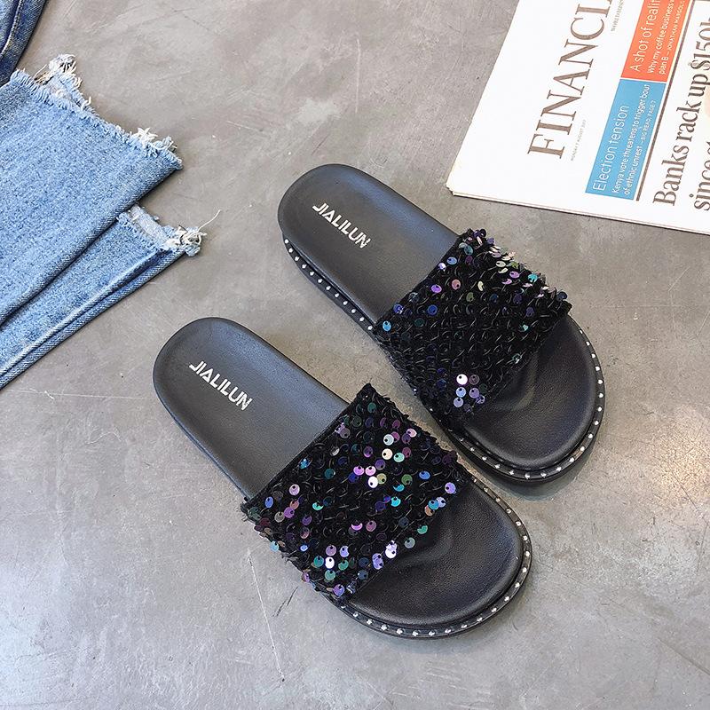 

Fashion Slippers Women s Summer Platform Shoes New Flat Bottom Slip on Student Shoes Bling Mute Non-slip Slides Chaussons Plats 40