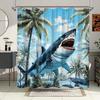 1pc Shark Attack Bath Curtain - Tropical Palm Tree & Great White Shark Design, Blue Sky & Serene Lake Scene, 180X180CM