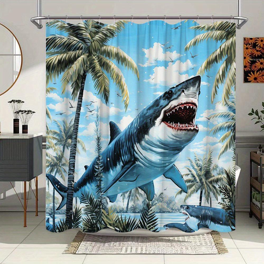 1 Stück Haiangriff Duschvorhang - Tropische Palme & Weißer Hai Design, Blaue Himmels- & Ruhige See Szene, 180X180CM