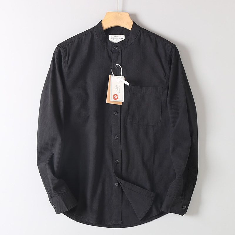 Men's Autumn Versatile Loose Casual Long-Sleeve Shirt with Dark Striped Collar, Made from Washed Cotton, from Foreign Trade Surplus Stock