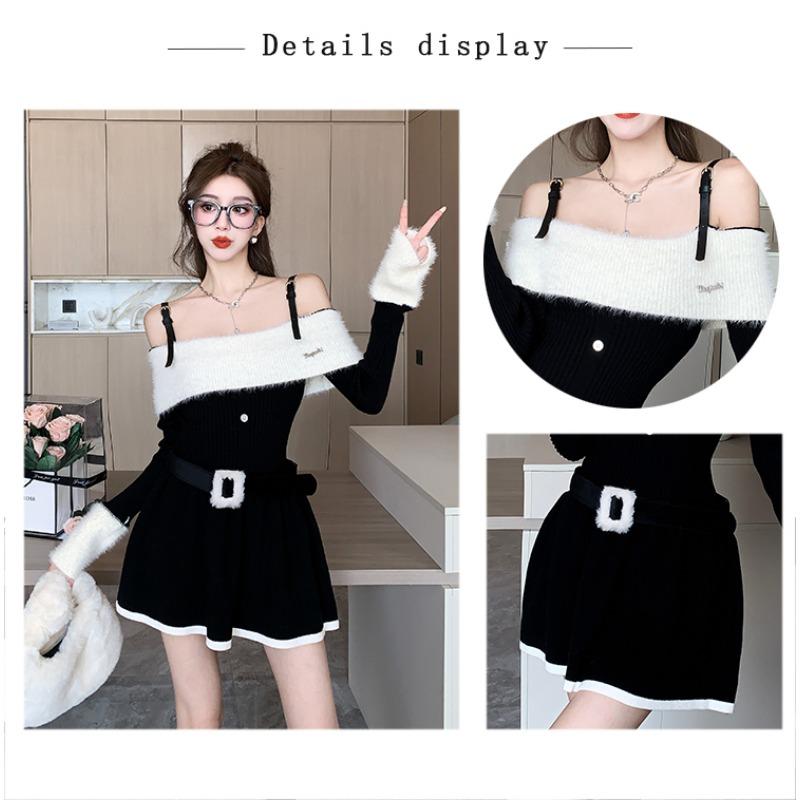 New Women's Sweet Spicy Girl Off-shoulder Long-sleeved Knitted Dress Women's Elegant Sling Pure Desire