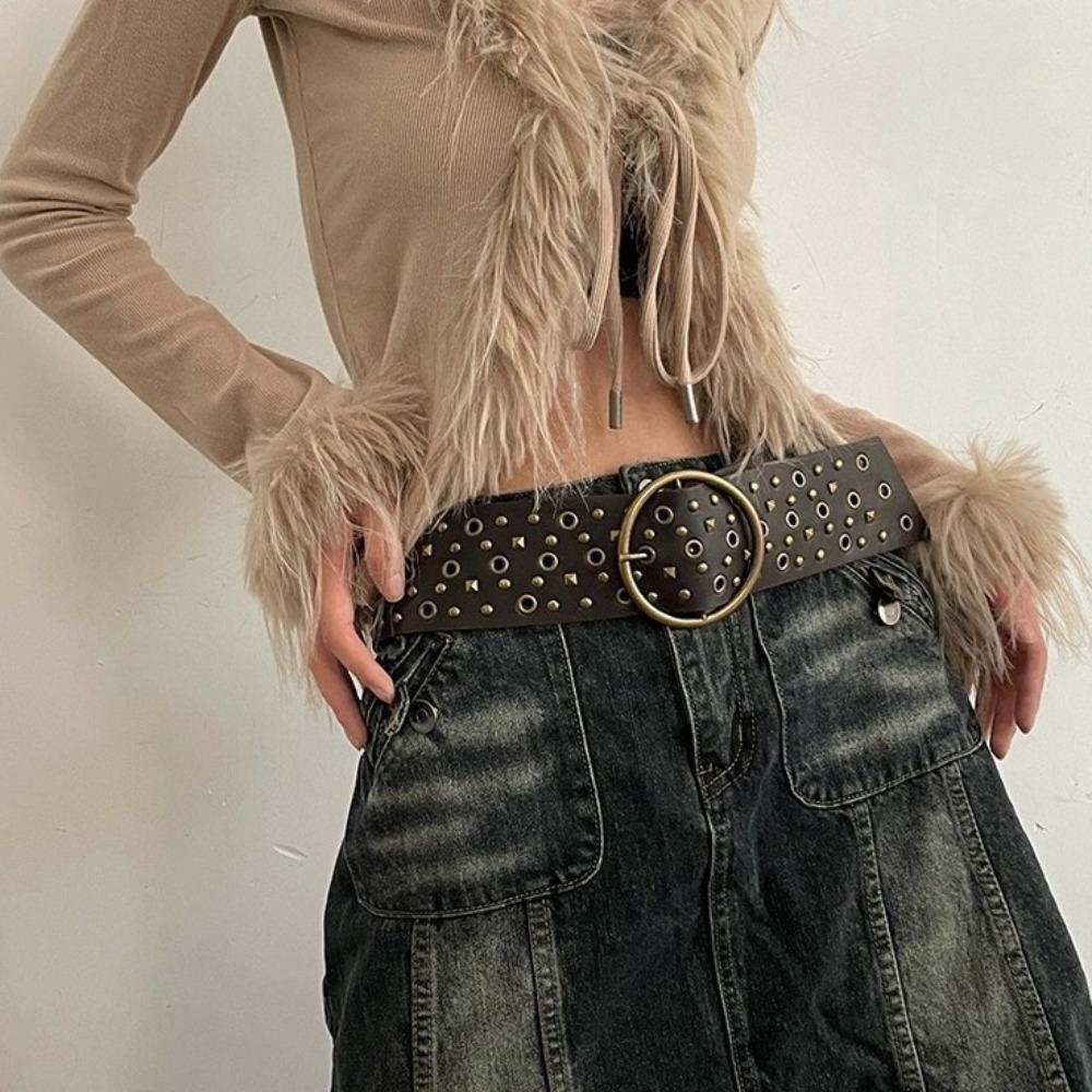 Rivet Cowgirl Belt Y2K PU Leather Belt Retro Wide Waistband  Dress