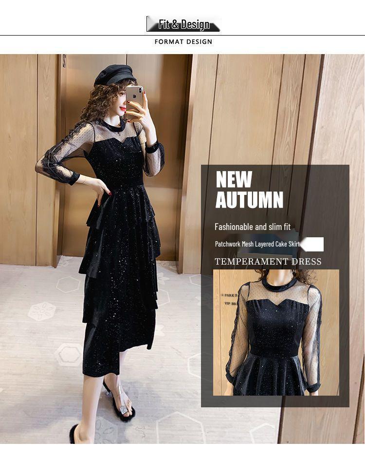 2026 A/W Sequined Mesh Patchwork Gold Velvet Slimming Dress