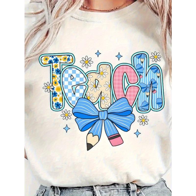 

Women s TEACH Pattern T-Shirt- Stars, Machine Washable Crew Neck Top, Casual Comfortable Style, Fashionable Daily Wear, Durable Print Quality S белый