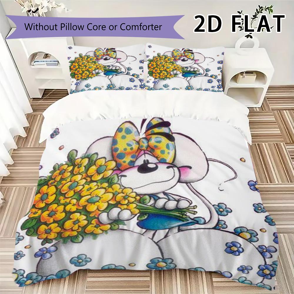 Diddl Pattern Bedding Uilt Set Uilt Cover Pillowcase Home Decoration Birthday Gift (1 * Duvet Cover + 2 * Pillowcase  Without Core)